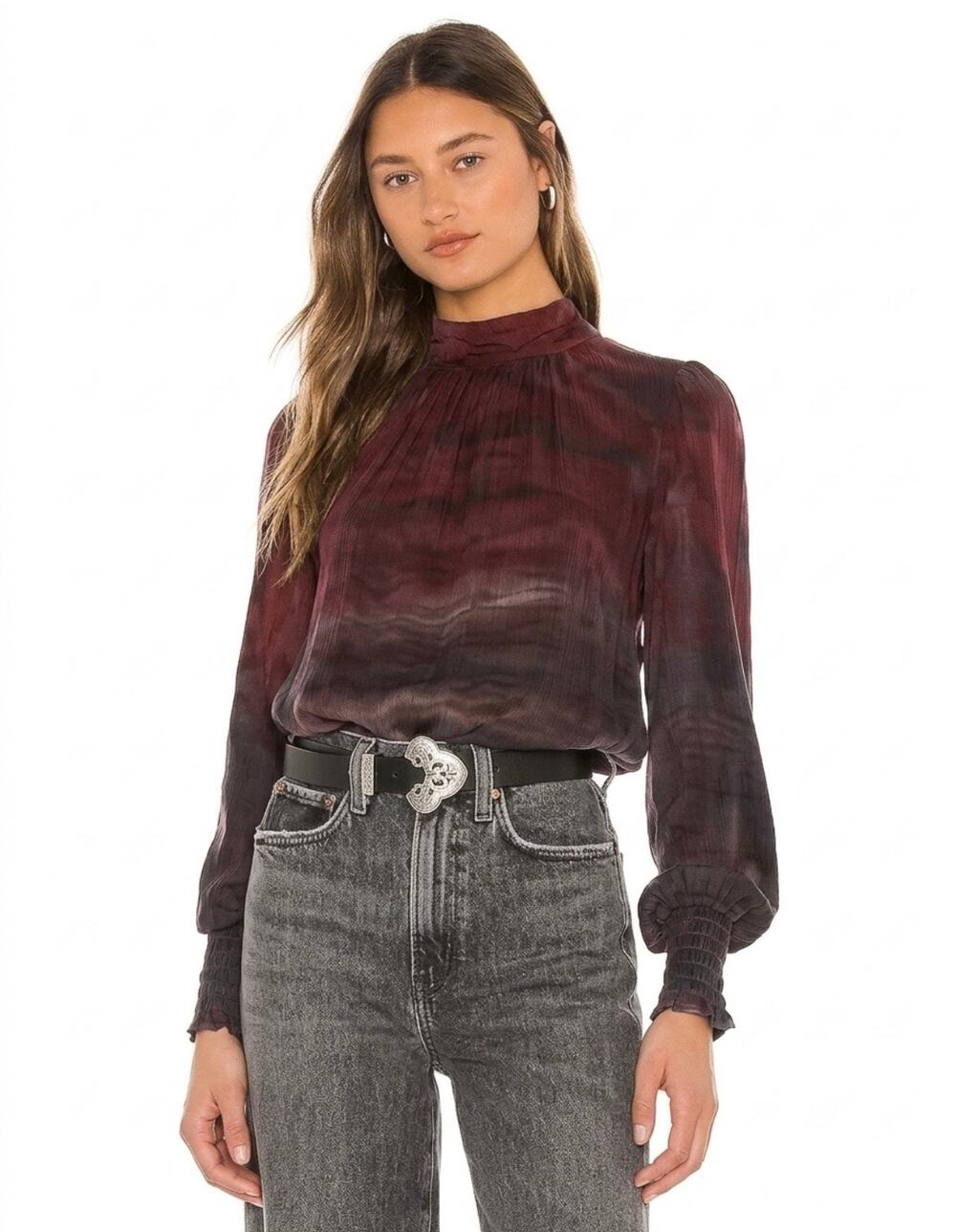 Bella Dahl Mock Neck Smocked Top Blouse Wildberry Horizon Tie Dye Ombre